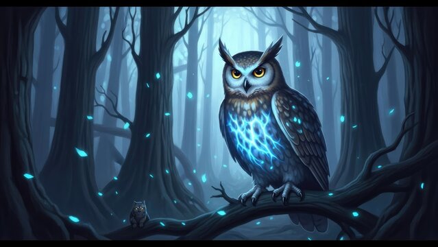 A mystical owl perches on a tree branch in a dark, eerie forest with glowing blue lights