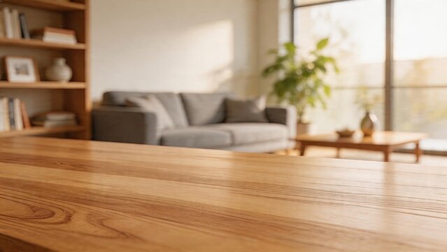 Empty wooden desk surface in cozy living room background blurred sofa and bookshelf with natural sunlight streaming through window home office workspace mockup Scandinavian