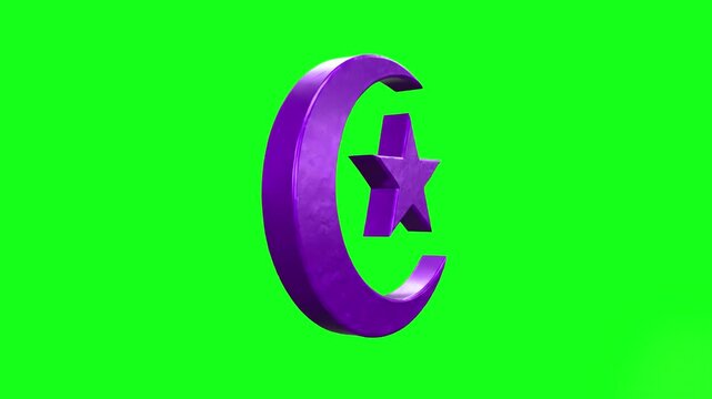 A professional 3D animation of a shiny purple metallic crescent moon and five-pointed star rotating. Isolated on a chroma key green screen, this religious and cultural symbol is perfect for Ramadan, E