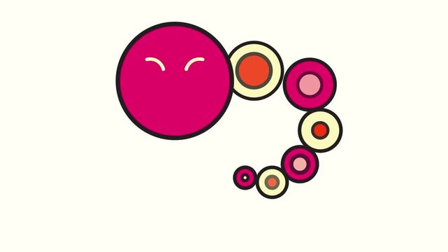 4k footage animation of Cartoon character vomiting rainbow colors from mouth. Vibrant and expressive round smiling emoji in pink experiencing a humorous colorful rainbow vomit fills the screen with ra