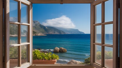 A scenic coastal view framed through a window overlooking ocean and mountains © MD