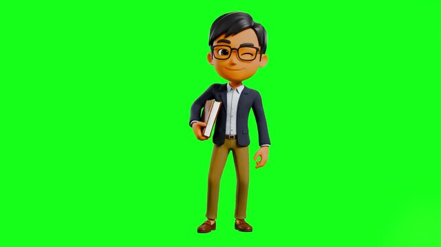 A friendly 3D animated student character wearing glasses and holding a book, winking at the camera against a green screen background. This stylized avatar is ideal for educational content, academic ex