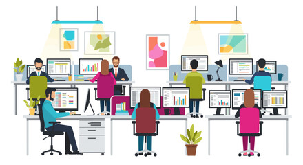 Fototapeta premium Office workspace scene depicting diverse professionals collaborating at computers, showcasing data analysis, teamwork, and business operations, rendered in a clean, modern vector