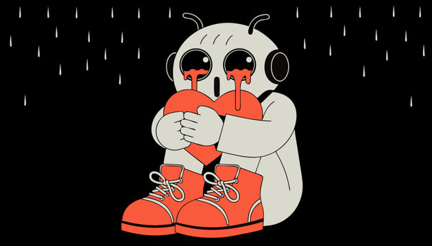 Sad robot character holding a red heart and crying liquid while sitting alone in the heavy pouring rain