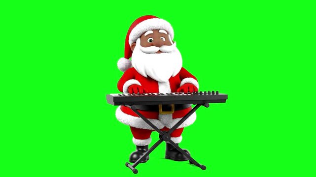 A jolly 3D animated dark skin tone black Santa Claus character in his traditional red suit plays an electronic keyboard piano and rotates on a turntable. Ideal pre-keyed festive moving asset for Chr