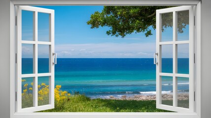 A serene ocean view through open white window frames a sunny landscape with tree leaves and yellow flowers on green grass