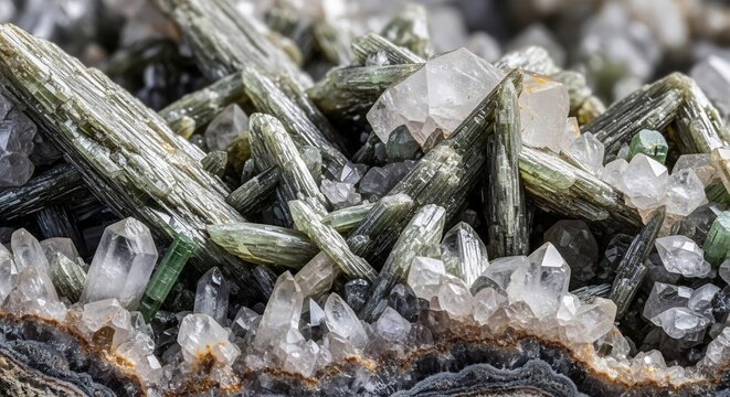 Macro Shot of Green Actinolite Crystals with Quartz Geode Formation.