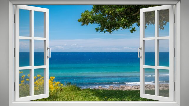 A serene ocean view through open white window frames a sunny landscape with tree leaves and yellow flowers on green grass