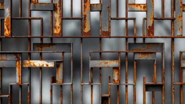 Abstract geometric pattern of weathered, rusty metal bars against a soft grey background.