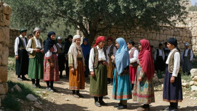 Traditional Kurdish people in ethnic attire gather outdoors under an olive tree.