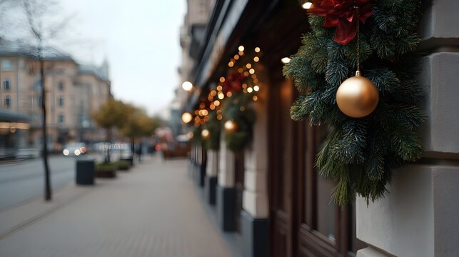Festive holiday deco ns adorning storefront along a quiet city sidewalk on a cool evening