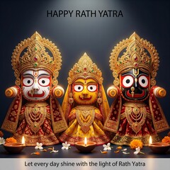 Fototapeta premium Idols of Jagannath, Balabhadra, and Subhadra decorated for Rath Yatra festival with diyas and flowers