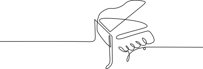 Simple line drawing of upright grand piano with open lid Vector © Servo Graphics
