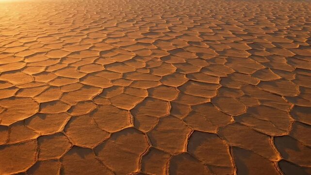 Aerial view of dry cracked earth with polygonal mud patterns in golden sunlight, showing extreme drought and arid landscape conditions.