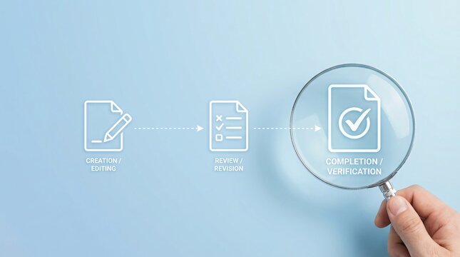 Hand holding magnifying glass over document icons for completion verification process