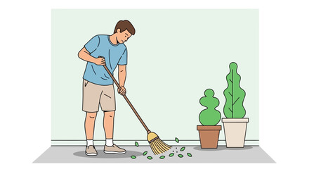 Fototapeta premium Man sweeping leaves from patio with broom, outdoor home maintenance