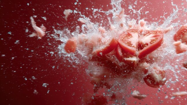 A vibrant image of a sliced tomato exploding in water creates an eye-catching spectacle, symbolizing freshness and the excitement found in cooking and food experiences.
