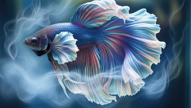 A vibrant betta fish swims through misty waters with colorful fins and scales