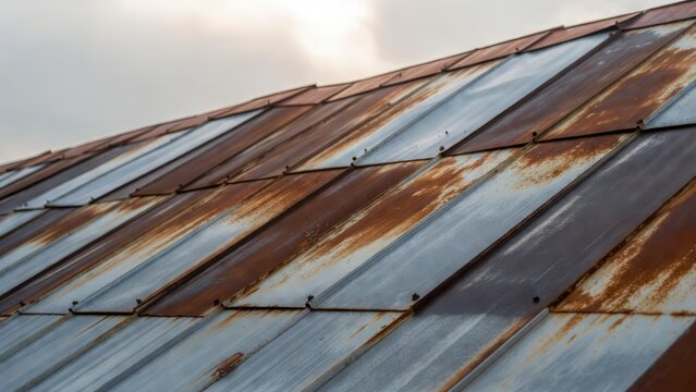 Close-up of a weathered, rusty corrugated metal roof with a cloudy sky background