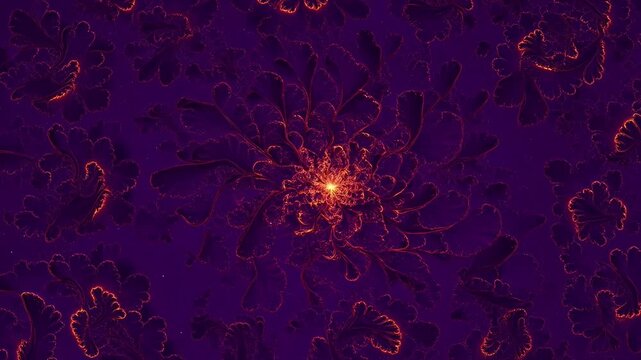 Abstract fractal design featuring vibrant orange and gold glowing organic shapes radiating from a bright center against a deep purple background, creating a mesmerizing video background effect.
