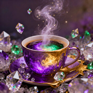 Luxury Cosmic Coffee with Floating Diamonds, Amethyst Crystals and Golden Drip on Purple Galaxy Cup