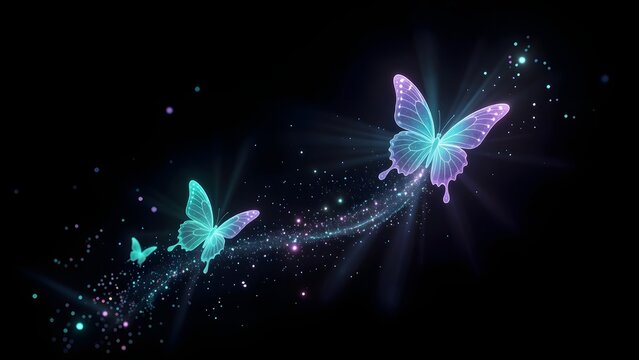 Two large glowing butterflies leading a trail of light. Magical fantasy journey and ethereal beauty. Radiant neon insects taking flight from a cloud of sparkling stardust and rays