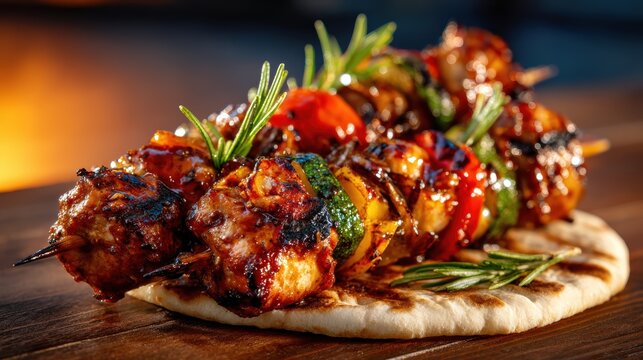 A tantalizing display of grilled chicken skewers adorned with colorful vegetables, showcasing vibrant colors and delicious textures, ideal for promoting culinary delights and outdoor dining.