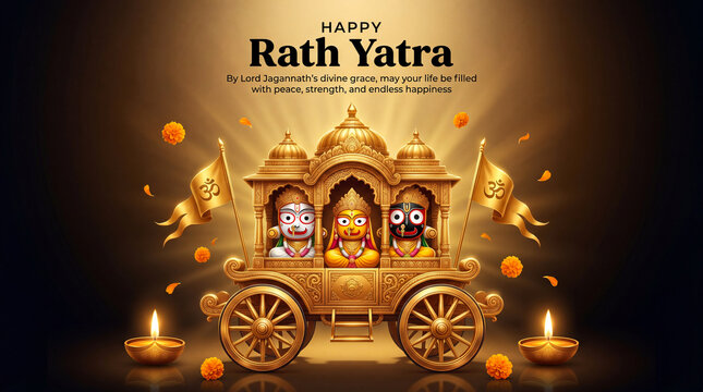 Happy Rath Yatra Celebration: Golden Chariot with Deities and Torches, Festive Indian Religious Event