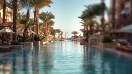 Fototapeta premium Blurred tropical hotel in Egypt with palm trees and poolside relax.
