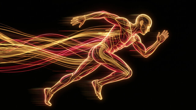Abstract neon wireframe of a sprinting runner with dynamic light trails