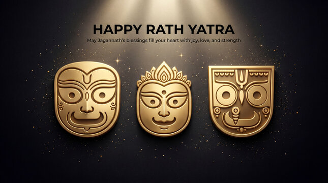 Golden Jagannath Masks Illuminated, Happy Rath Yatra Celebration, Indian Festival Devotion