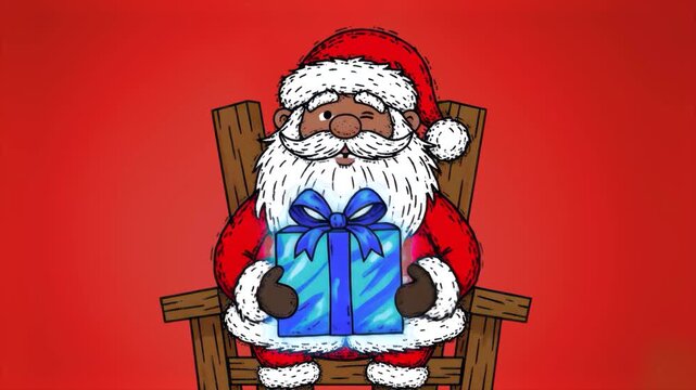 A cheerful 2D animated Black Santa Claus with dark skin, sitting in a wooden chair, winking and holding a blue gift box with a bow. Set against a festive red background, this asset is ideal for divers