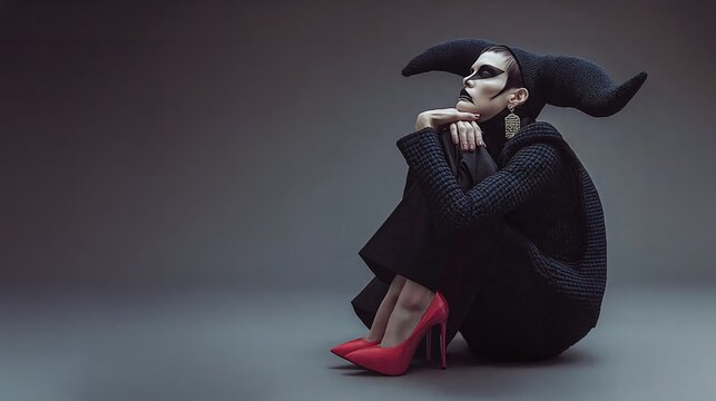 Femme &eacute;l&eacute;gante en tenue noire avec chaussures rouges dans pose artistique