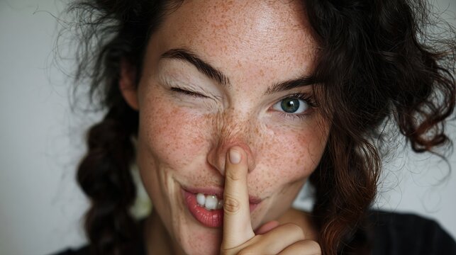 Femme souriante aux taches de rousseur faisant un geste de silence