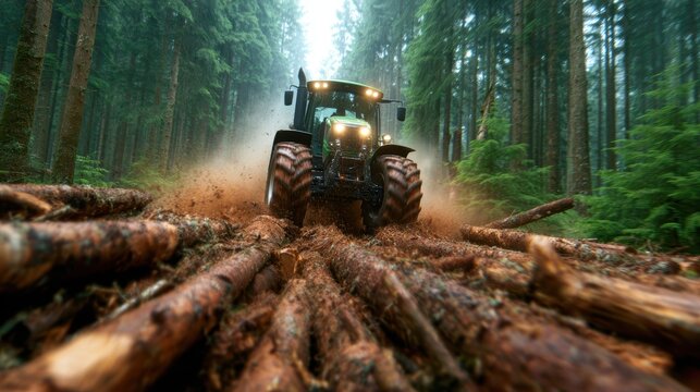 A robust tractor driving through a forested pathway, highlighting the dynamic relationship between machinery and nature in agricultural or forestry practices.