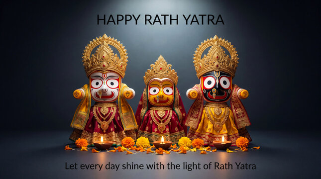 Three colorful Jagannath deities adorned in golden crowns and vibrant attire, celebrating Rath Yatra festival with traditional decorations.