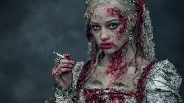 Femme en robe historique avec maquillage effets sp&eacute;ciaux sanglant