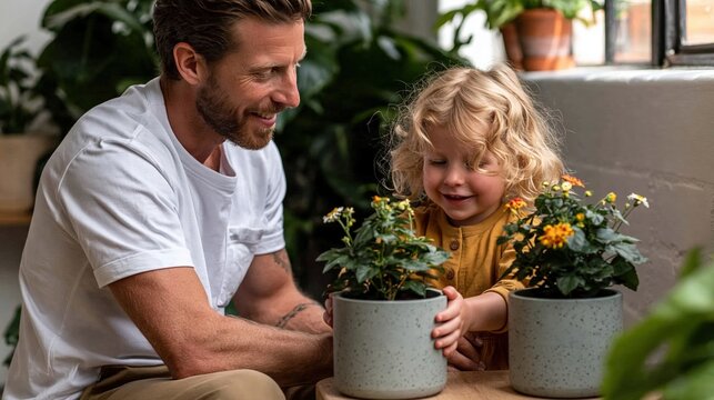 P&egrave;re et enfant jardinent ensemble avec des plantes fleuries jaunes