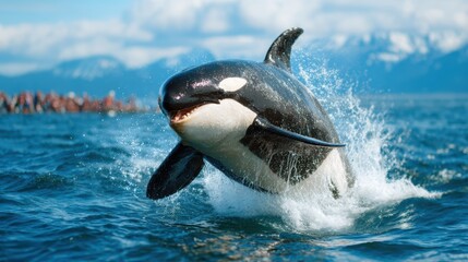Obraz premium This dynamic image features an orca breaching the water surface with great power and grace, showcasing the beauty and majesty of marine life in its natural habitat.