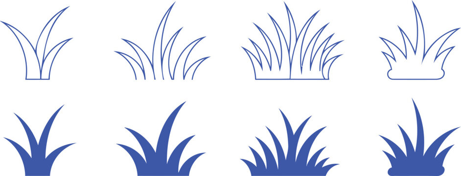 Blue grass clumps, outline and solid fill