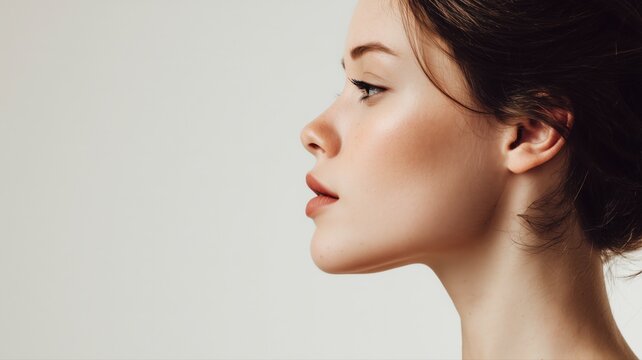 横顔の女性の美しい肌と輪郭が写っている。美容やスキンケアのイメージ素材に適したポートレート写真。