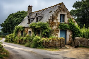 Fototapeta premium Stone cottage with blue door and windows standing at a rural crossroad