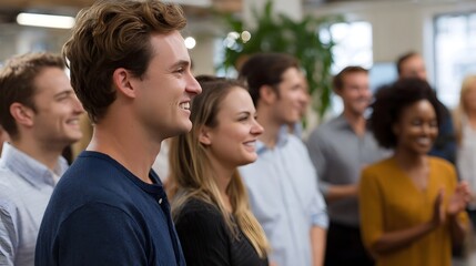 Fototapeta premium Diverse group of smiling professionals collaborating and networking in a bright modern office setting