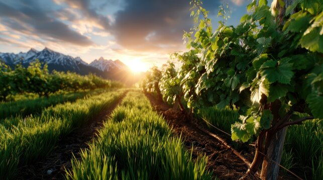 Experience the serene beauty of a vineyard at sunset, with lush green vines stretching across the landscape and majestic mountains providing a stunning backdrop.
