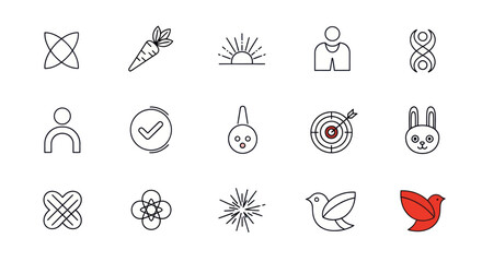 Fototapeta premium Set of Simple Line Icons: Abstract Shapes, Carrot, Sunrise, Person, DNA, Checkmark, Rabbit, Flower
