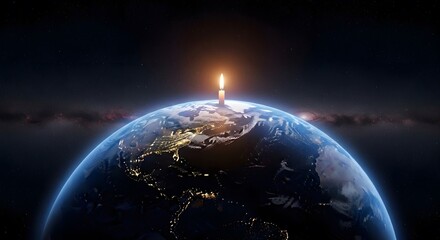 Fototapeta premium Conceptual view of Earth from space with a single lit candle, representing hope and a collective commitment to energy conservation during Earth Hour celebrations for a sustainable future.