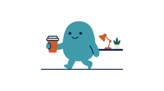 Smiling blue cartoon character holding coffee.