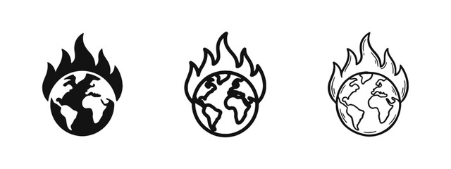Obraz premium Global Warming Earth On Fire Icon Set Solid Outline and Hand Drawn Styles