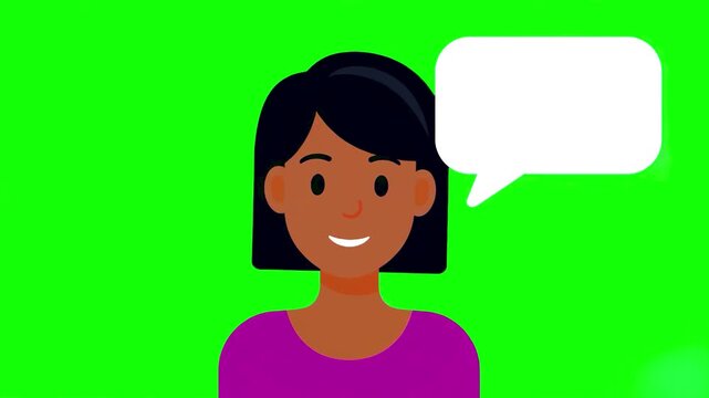 A friendly young Black girl with dark skin and short black hair, wearing a purple shirt, standing next to an empty white speech bubble. Isolated on a chroma key green screen, this child character is p