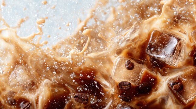 A dynamic splash of coffee with ice cubes creates a visually stunning and invigorating drink experience, showcasing the energy and excitement of caffeine in beverage form.